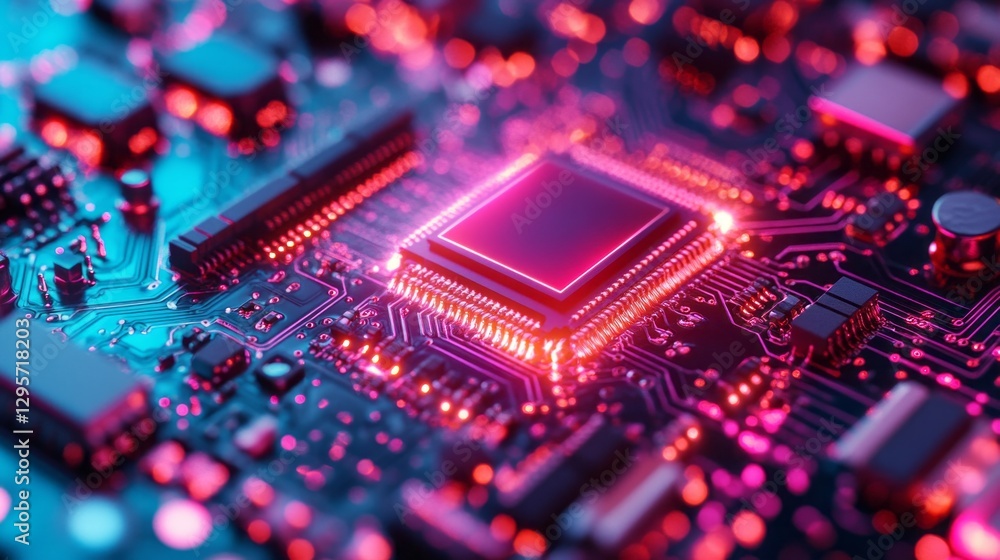 Advanced plasma technology is utilized in the etching of microchip surfaces during a precision engineering process. Bright colors illuminate the intricate patterns on the chip Advanced plasma technology is utilized in the etching of microchip surfaces during a precision engineering process. Bright colors illuminate the intricate patterns on the chip