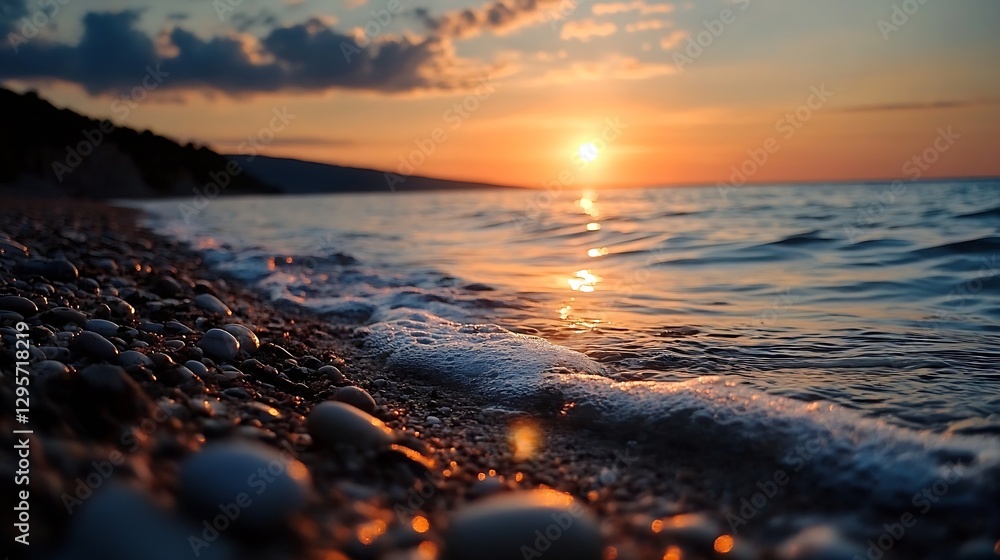 Obraz premium Golden Sunset Reflected Over Calm Ocean Waves with Pebbles on Shore : Generative AI