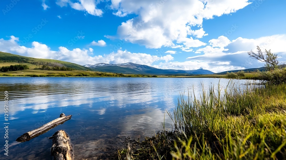 Fototapeta premium Breathtaking Landscape View of Tranquil Lake Surrounded by Lush Green Mountains and Bright Blue Sky : Generative AI