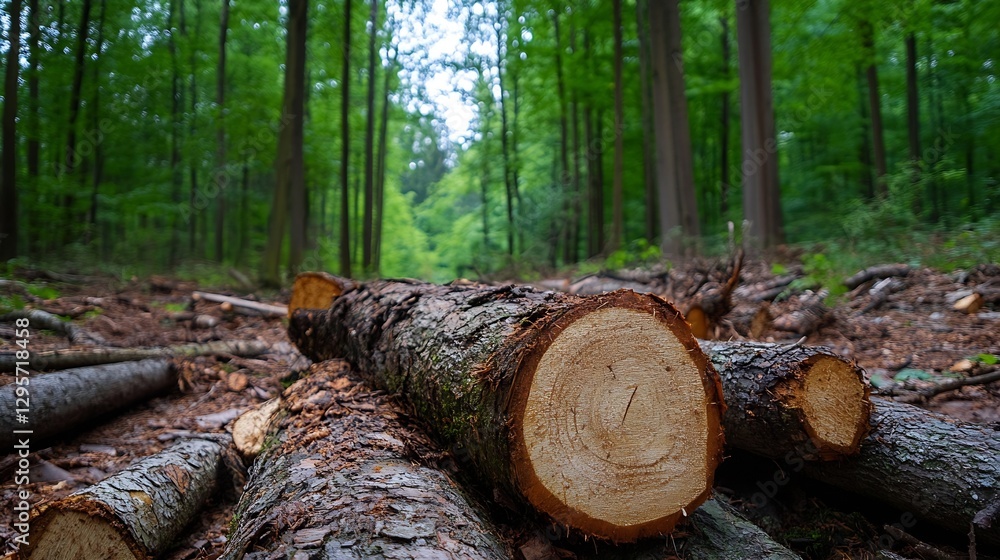 Tranquil forest scene with cut logs resting on the ground surrounded by lush greenery in a serene woodland setting : Generative AI Tranquil forest scene with cut logs resting on the ground surrounded by lush greenery in a serene woodland setting : Generative AI
