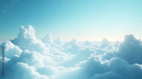 Fluffy clouds bask in soft morning light, their shapes resembling cotton candy as they float tranquilly in a bright blue sky. The horizon glows, promising the warmth of the day
