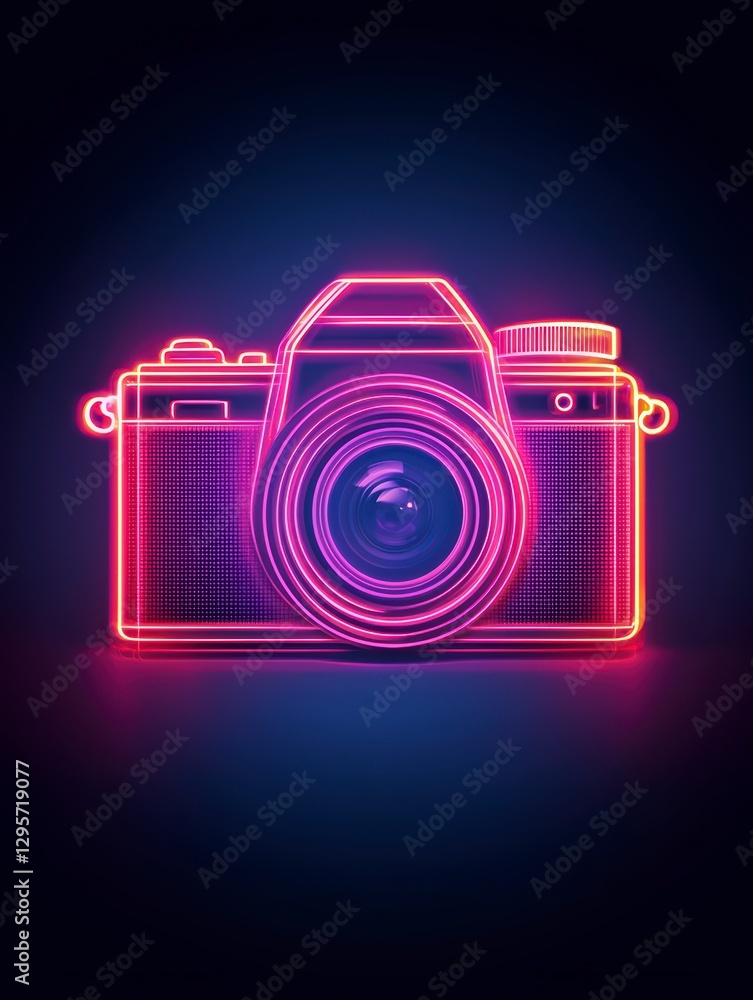 A vibrant neon outline of a classic camera glows against a dark backdrop, showcasing the iconic shape with captivating light play. A vibrant neon outline of a classic camera glows against a dark backdrop, showcasing the iconic shape with captivating light play.