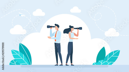 Different vision of men and women.
Forecast look into future Businessman looking into spyglass, woman looking into binocular. Research, analytics and hr looking for work, people. Vector illustration