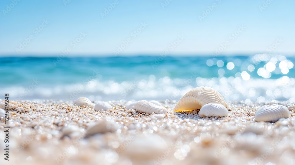 Beautiful close up of seashells on sandy beach with sparkling ocean in the background under a clear blue sky : Generative AI Beautiful close up of seashells on sandy beach with sparkling ocean in the background under a clear blue sky : Generative AI