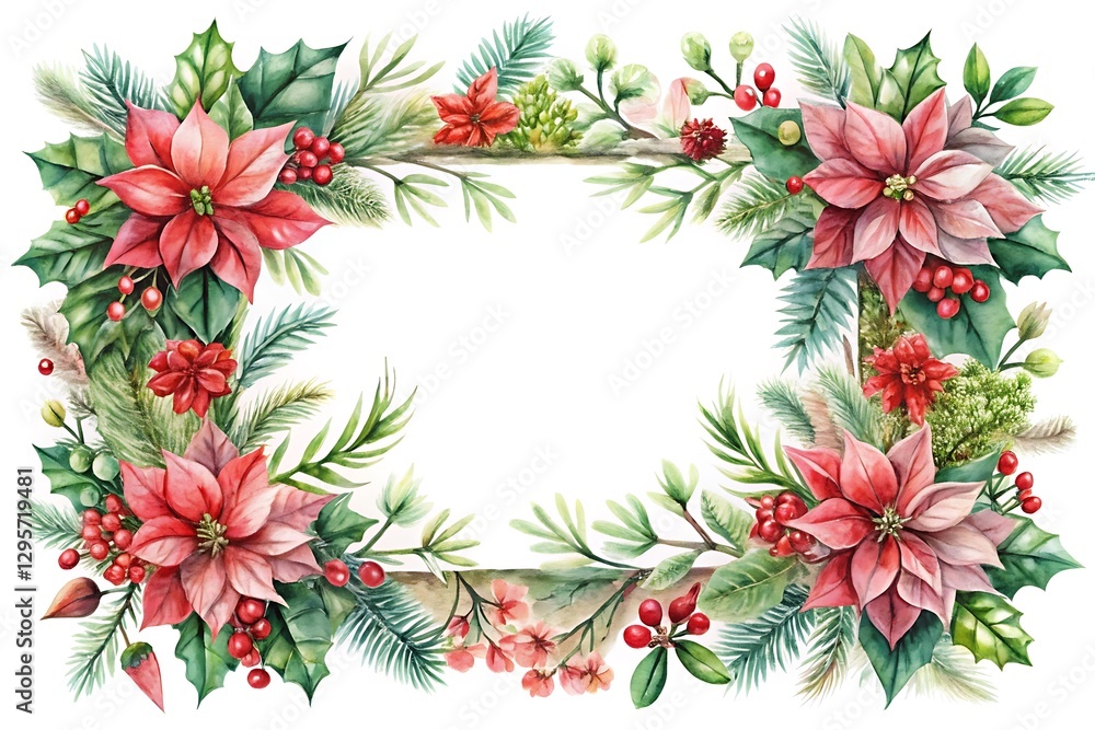 Frame with a red and green wreath of poinsettias Frame with a red and green wreath of poinsettias