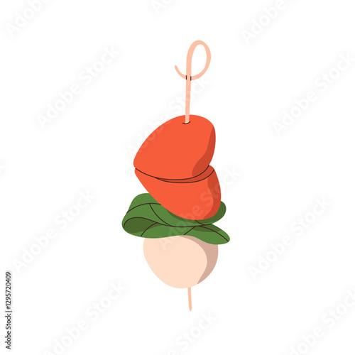 Canape, caprese skewer. Mini appetizer with mozzarella, basil and cherry tomato on toothpick for buffet, banquet. Finger food, bite-sized snack. Flat vector illustration isolated on white background