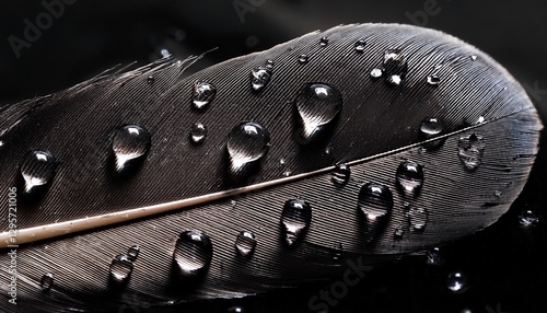 A hyper-detailed close-up of a black feather covered in tiny water droplets, capturing the intricate textures, delicate barbs, and reflective droplets in stunning clarity.