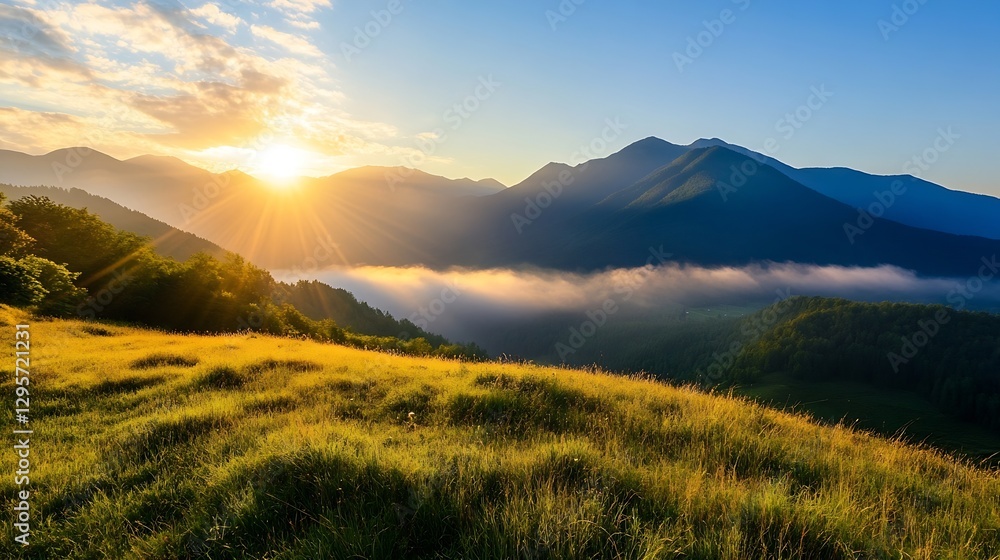 Obraz premium Breathtaking Sunrise Over Mountain Landscape Bathed in Golden Light and Soft Fog : Generative AI