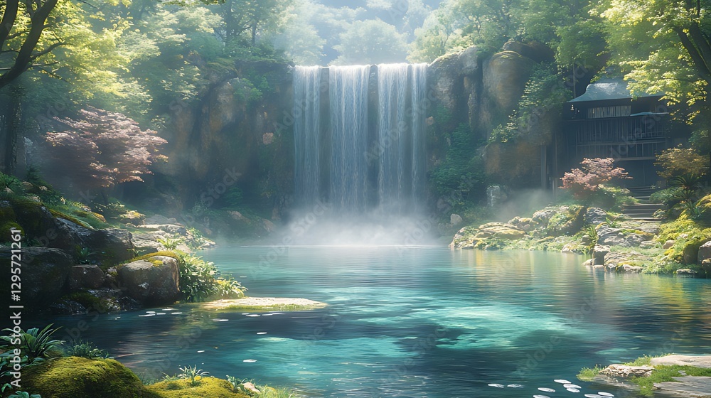 Serene Waterfall Pool, Forest Temple Background, Tranquil Nature Scene Serene Waterfall Pool, Forest Temple Background, Tranquil Nature Scene