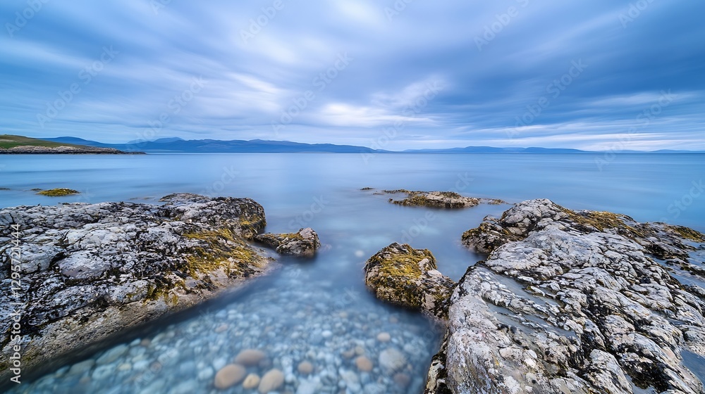 Calm Seascape with Smooth Rocks and Tranquil Waters Under Cloudy Sky : Generative AI Calm Seascape with Smooth Rocks and Tranquil Waters Under Cloudy Sky : Generative AI