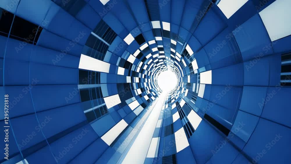 Futuristic Tunnel with Blue and White Geometric Patterns Creating Depth and Motion, Light at End Adds Dynamic and Hopeful Atmosphere, Evoking Modern and Abstract Feel Futuristic Tunnel with Blue and White Geometric Patterns Creating Depth and Motion, Light at End Adds Dynamic and Hopeful Atmosphere, Evoking Modern and Abstract Feel