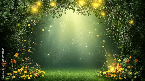 Enchanted forest scene with glowing lights and vibrant flowers under a soft sunlight background
