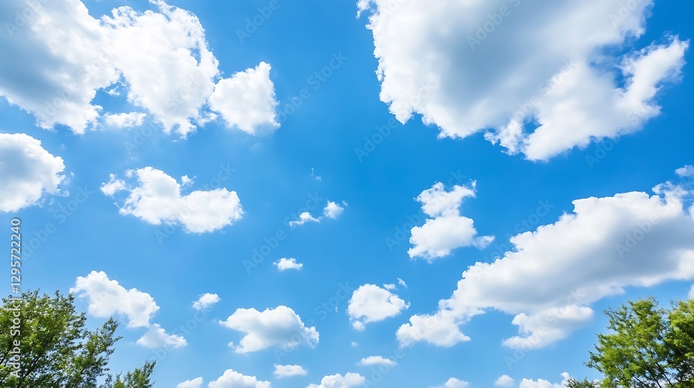 Bright blue sky filled with fluffy white clouds creating a peaceful atmosphere : Generative AI Bright blue sky filled with fluffy white clouds creating a peaceful atmosphere : Generative AI