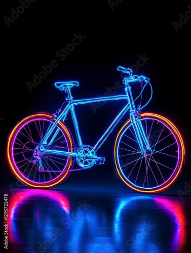 Neon Bike: A sleek bicycle glows with vibrant neon lights, casting colorful reflections against a dark backdrop, highlighting the modern design and sporty aesthetic.