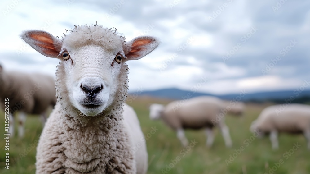 Obraz premium Closeup of Sheep Grazing in Green Pasture Showcasing Farm and Rural Life : Generative AI