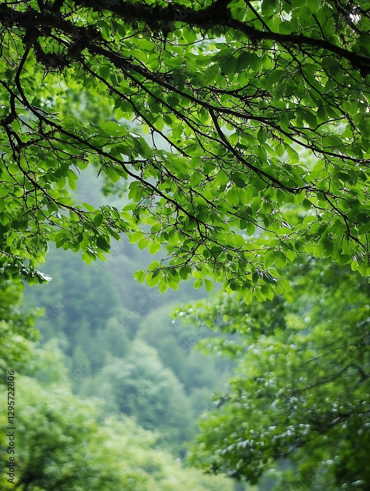 Fototapeta premium Lush green foliage with leaves framing a serene nature scene : Generative AI