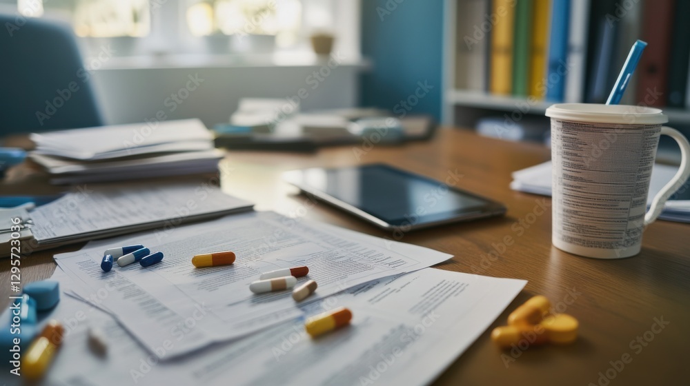 Medical debt review in a tidy home office. Featuring financial stress and focus Medical debt review in a tidy home office. Featuring financial stress and focus