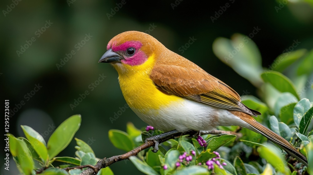 A small bird with colorful plumage sits on a branch A small bird with colorful plumage sits on a branch