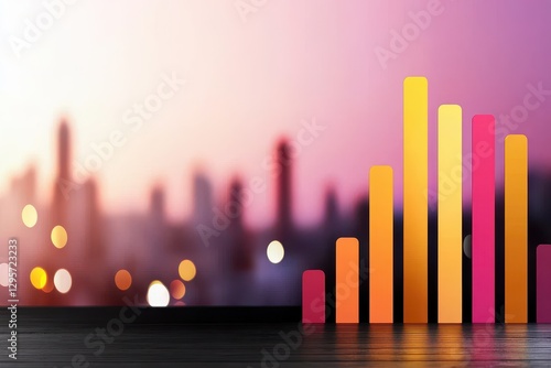 A digital bar graph in vibrant colors stands against a blurred cityscape background, symbolizing data trends and analytics.