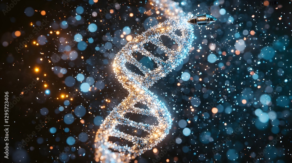 Abstract Representation of DNA Double Helix with Glowing Particles and Bokeh Effects Abstract Representation of DNA Double Helix with Glowing Particles and Bokeh Effects