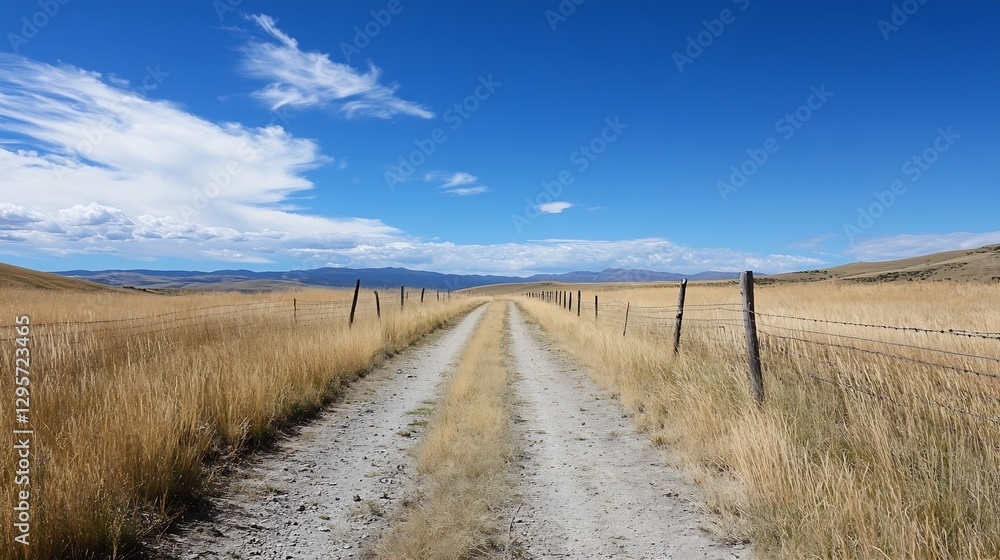 Rural Dirt Road Leading Through Golden Fields Under Clear Blue Sky : Generative AI Rural Dirt Road Leading Through Golden Fields Under Clear Blue Sky : Generative AI