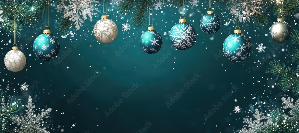 Fototapeta premium Minimalistic Turquoise Christmas Banner with Ornaments