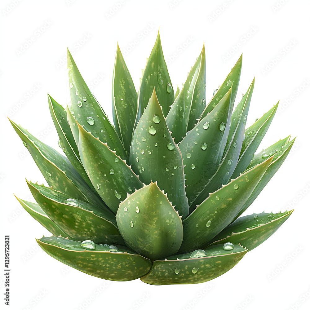 Fototapeta premium Fresh Aloe Vera Plant with Dew Drops Isolated on White
