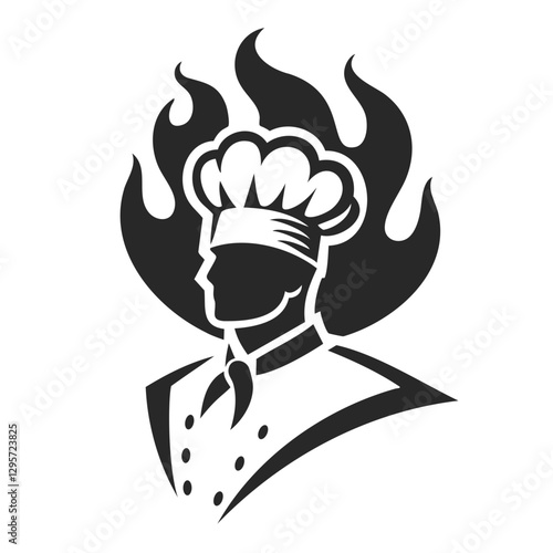 Silhouette of a chef with flames behind, symbolizing passion, intensity, or culinary excellence.