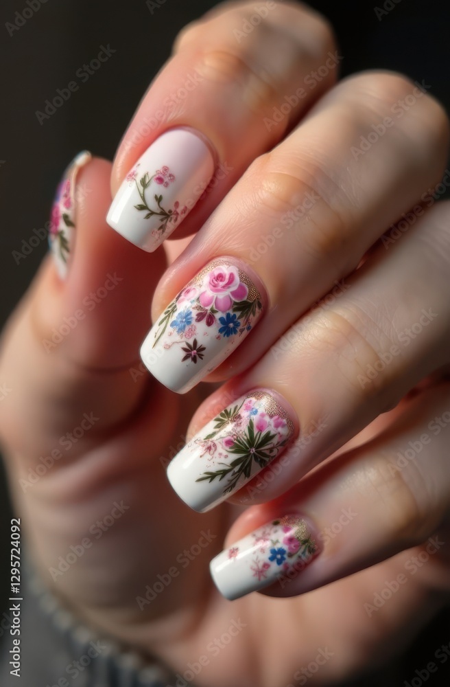 Woman showing white nails with floral decoration and gold glitter Woman showing white nails with floral decoration and gold glitter