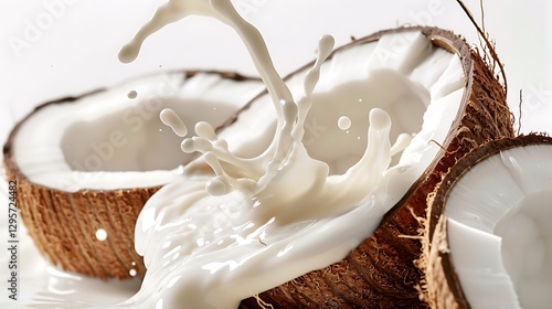 A creamy splash of coconut milk, beautifully suspended against a clean white background.