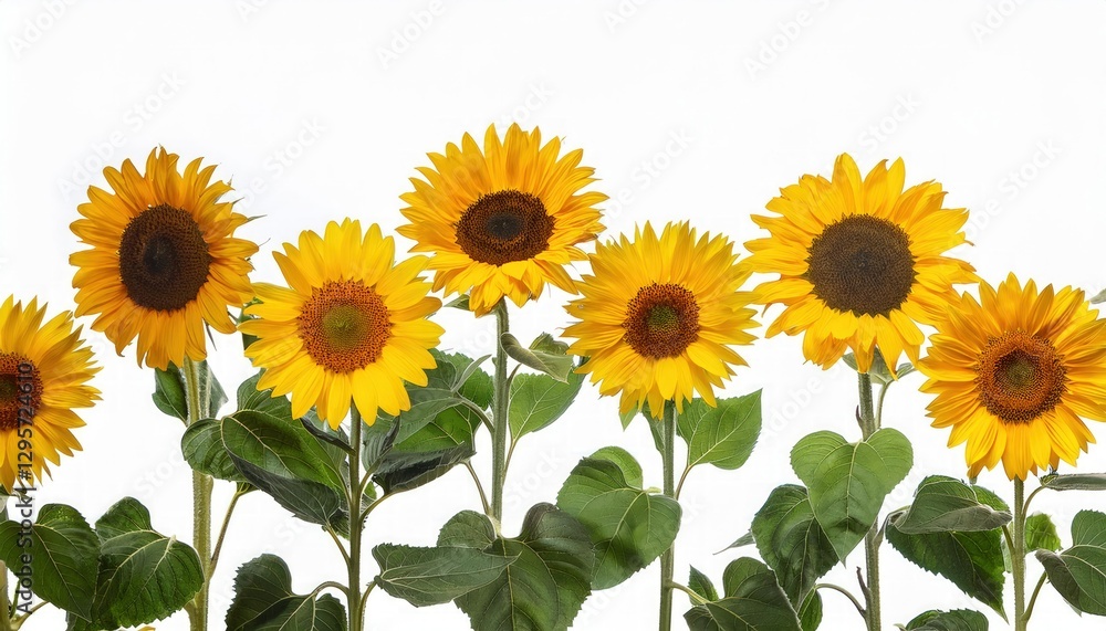 Fototapeta premium Bright yellow sunflower stems with green leaves