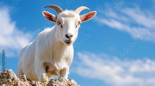 Charming White Goat with Spiraled Horns Poses Against a Beautiful Blue Sky Background : Generative AI photo