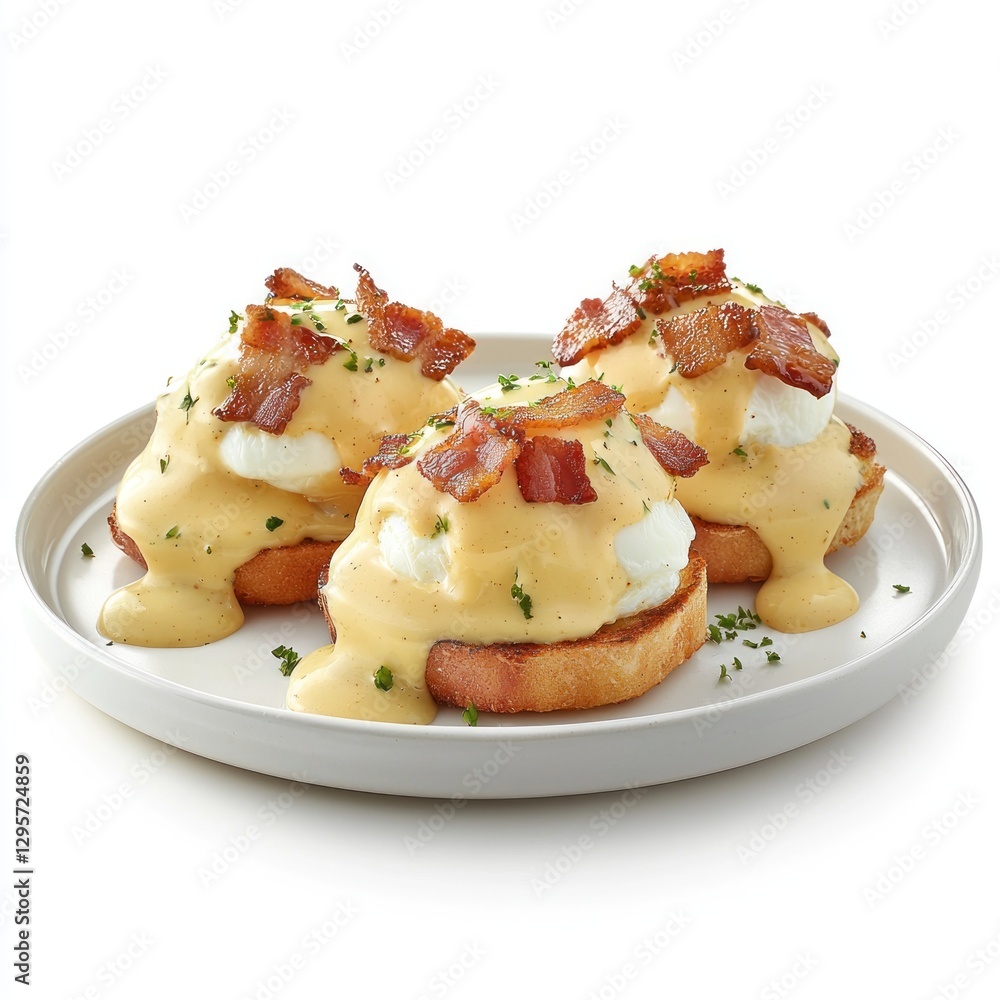A view of a plate with eggs Benedict topped with crispy bacon and drizzled with creamy hollandaise sauce, styled on a clean white plate A view of a plate with eggs Benedict topped with crispy bacon and drizzled with creamy hollandaise sauce, styled on a clean white plate