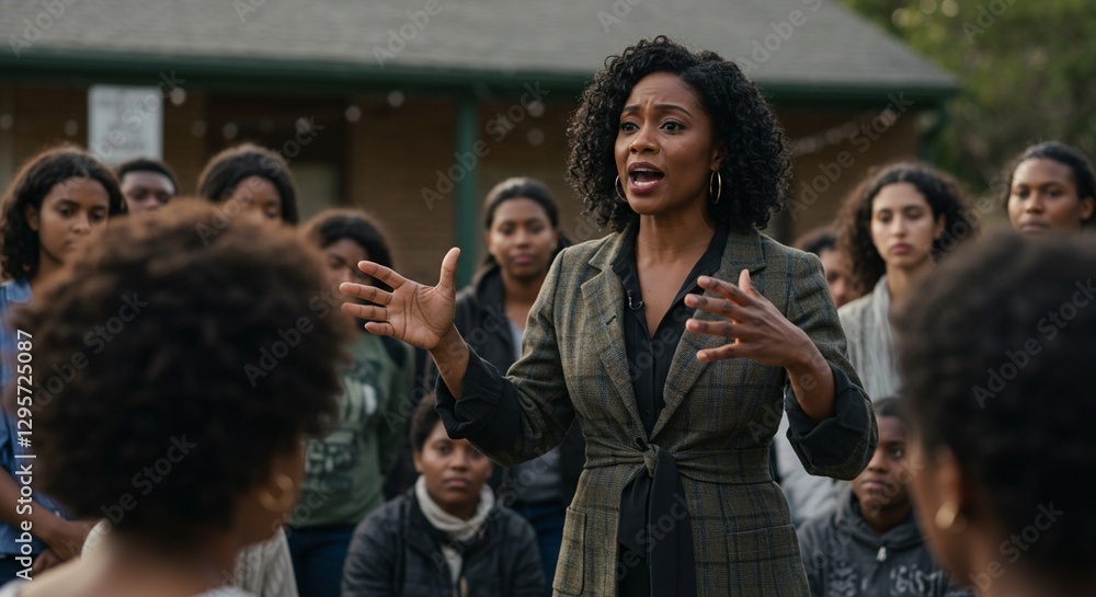 Obraz premium Confident Black Female CEO Leading a Team Meeting in a Modern Office
