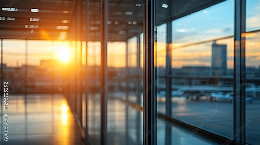 Fototapeta premium Modern Airport Interior Showcasing Beautiful Sunset Reflections on Glass : Generative AI