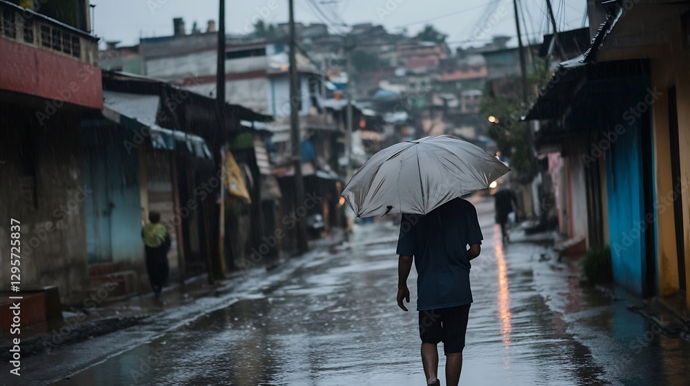 Obraz premium Person Walking in Rainy Street Holding an Umbrella in a Somber Mood : Generative AI