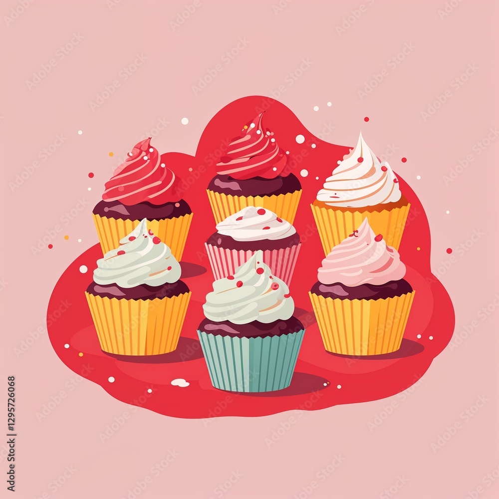 cupcakes on plain red background childish style illustration cupcakes on plain red background childish style illustration