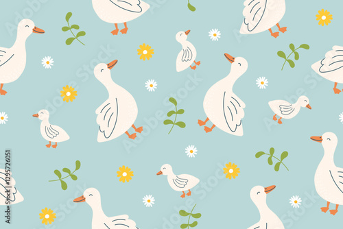 Seamless pattern of geese on a blue background. Farm animals, poultry. Vector hand drawn childish background.