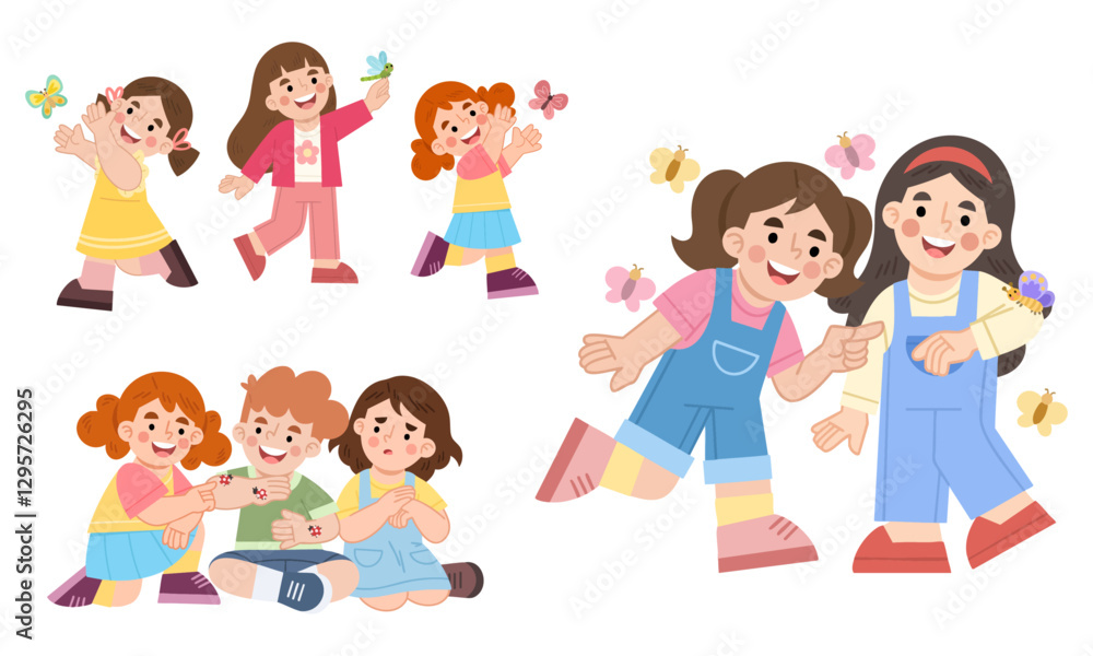 Illustration set of cheerful children chasing butterflies Illustration set of cheerful children chasing butterflies
