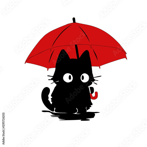 A whimsical feline staying dry under a bright red umbrella.