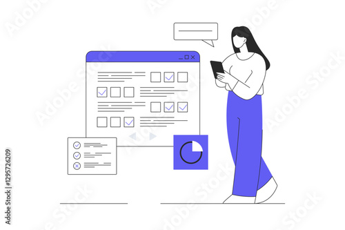 Online survey concept. Woman Character marking answers in questionnaire, fills voting form, leaving user experience. Flat Cartoon Vector Illustration, icon. Stylish abstract Flat design website