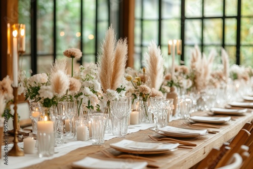 Rustic wedding reception table setting with pampas grass, candles, and flowers indoors