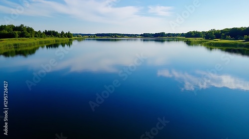 Serene reflection on calm water surface with lush greenery in the background : Generative AI