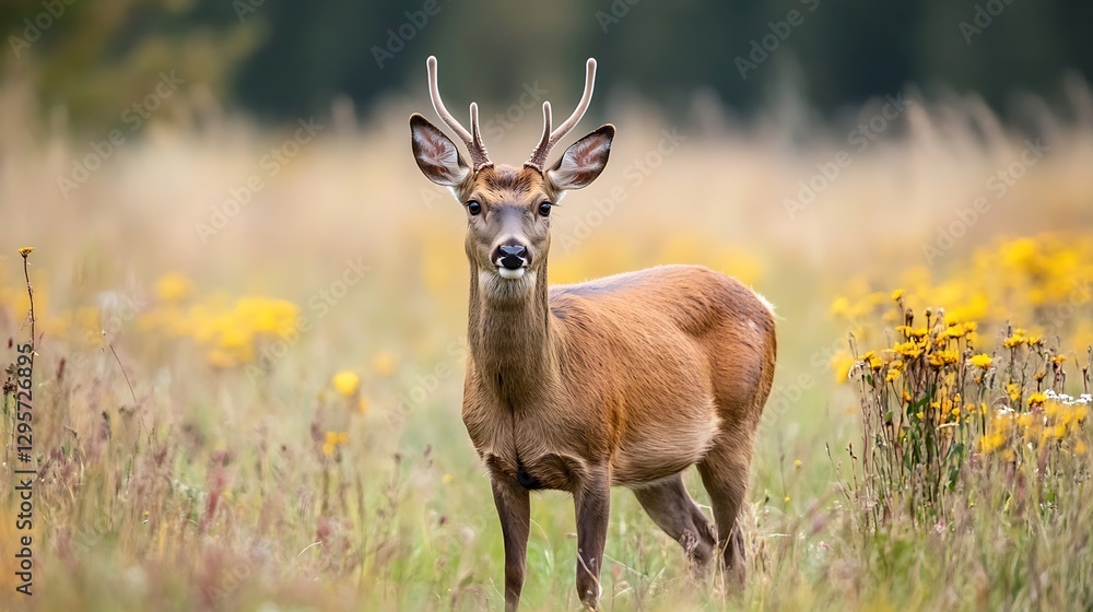 Graceful deer standing in a flowering meadow showcasing its antlers and natural habitat : Generative AI Graceful deer standing in a flowering meadow showcasing its antlers and natural habitat : Generative AI