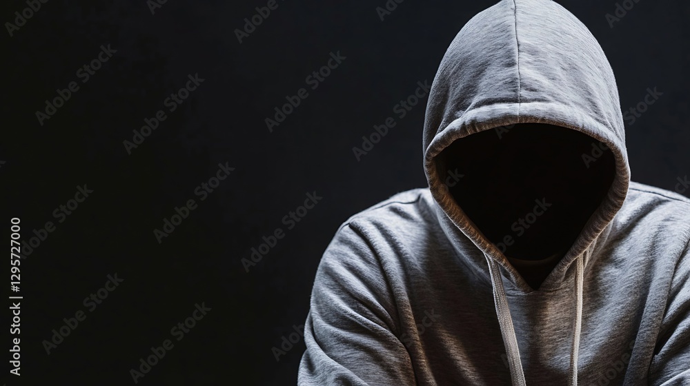 Mysterious hooded figure in dark setting with blank face concealed by shadow : Generative AI Mysterious hooded figure in dark setting with blank face concealed by shadow : Generative AI