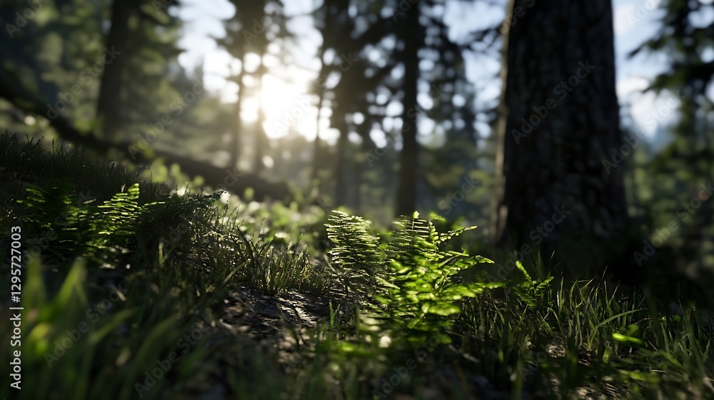 Naklejka premium Lush Green Ferns in a Sunlit Forest Creating a Calm Natural Atmosphere : Generative AI