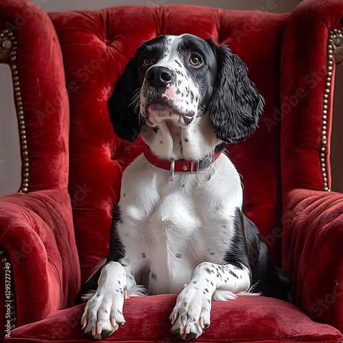 Dog in red velvet chair photo