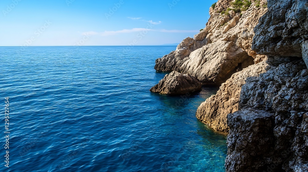 Fototapeta premium Serene coastal landscape with rocky cliffs and calm blue ocean under a clear sky : Generative AI