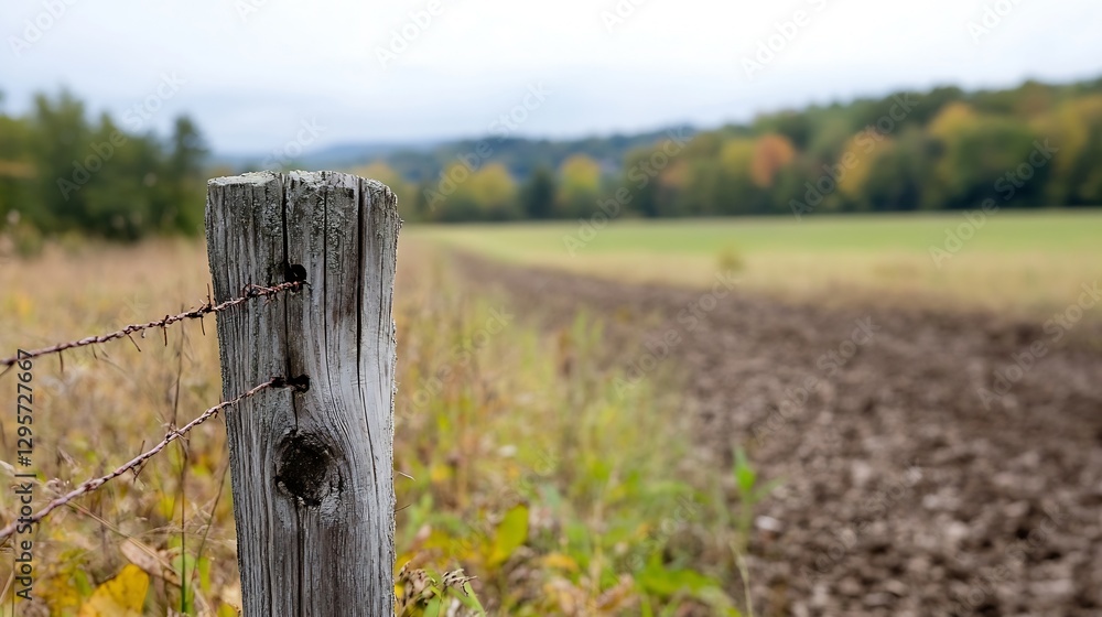Rustic wooden fence post leading into a tranquil landscape field with soft fall colors on a cloudy day : Generative AI Rustic wooden fence post leading into a tranquil landscape field with soft fall colors on a cloudy day : Generative AI
