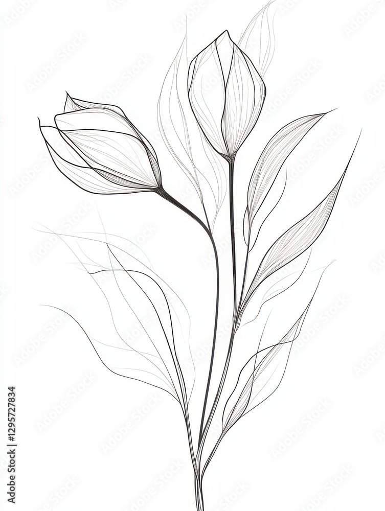 Obraz premium Botanical arts. Hand drawn continuous line drawing of abstract flower, floral, Bird of Paradise, herb, tulip, bouquet of olives. Vector illustration.